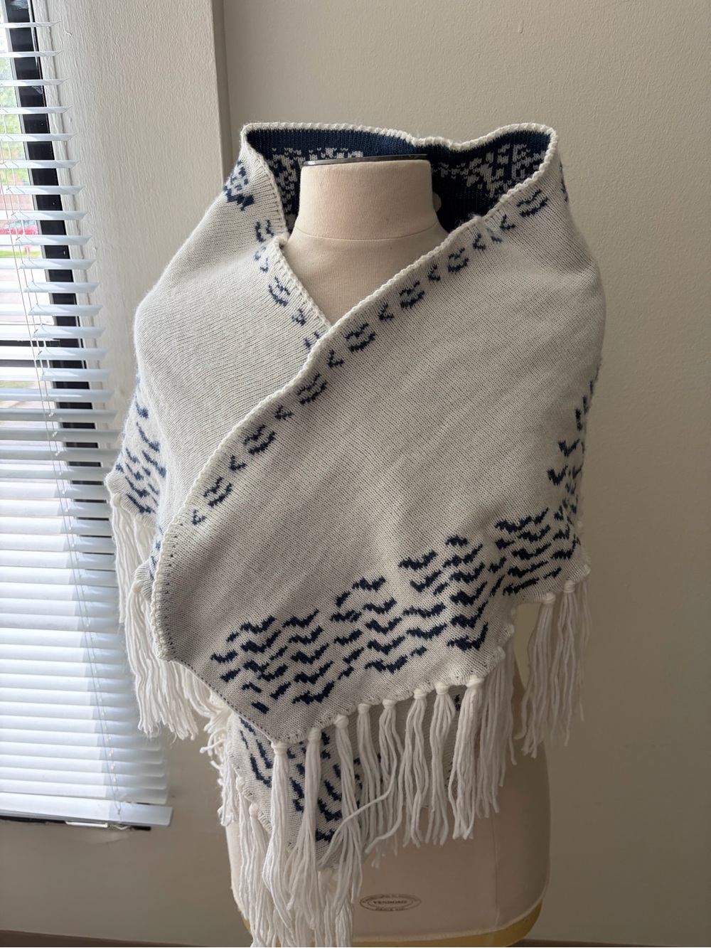 Owl Knitted Wrap Blue and White With Long White Fringe Owl Face On The Back